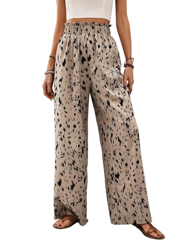 GORGLITTER Lockere Hosen Damen Elegant Weite Hose Boho Strandhose mit Weites Bein Hohe Taille Stoffhose mit Gummizug Lang Freizeithose Aprikosenfarben L von GORGLITTER
