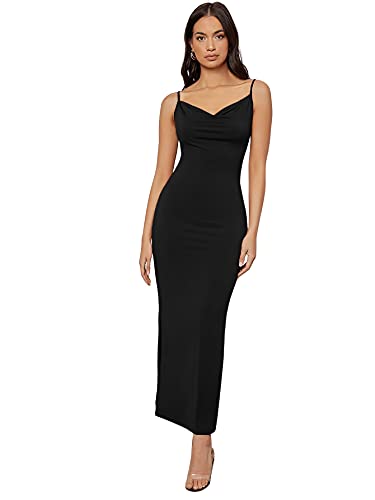 GORGLITTER Maxi Kleider Damen Ärmellos Partykleid mit Schlitz Elegant Freizeitkleid Spaghettiträger Maxikleid V-Ausschnitt Schwarz L von GORGLITTER