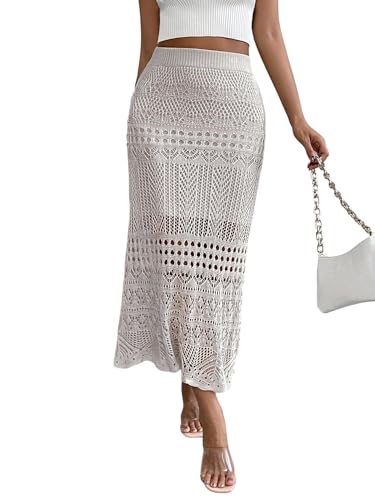 GORGLITTER Maxirock Damen Lang Hohe Taille Häkelrock Elegant Gestrickt Boho Rock Langer Causalrock mit Hohl Elastische Strickröcke Strand Outfit Aprikosenfarben L von GORGLITTER