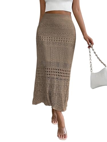 GORGLITTER Maxirock Damen Lang Hohe Taille Häkelrock Elegant Gestrickt Boho Rock Langer Causalrock mit Hohl Elastische Strickröcke Strand Outfit Khaki M von GORGLITTER