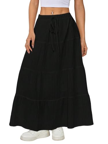 GORGLITTER Maxirock Damen Lang Sommer Unterrock Langer Rock Mit Gummibund Sommerrock Strandrock Freizeitrock Maxi Skirt Sommer Outfits Schwarz L von GORGLITTER