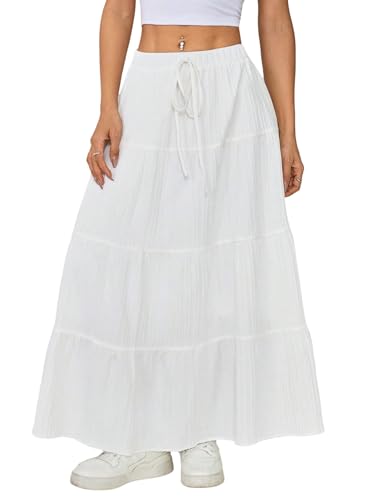 GORGLITTER Maxirock Damen Lang Sommer Unterrock Langer Rock Mit Gummibund Sommerrock Strandrock Freizeitrock Maxi Skirt Sommer Outfits Weiß M von GORGLITTER