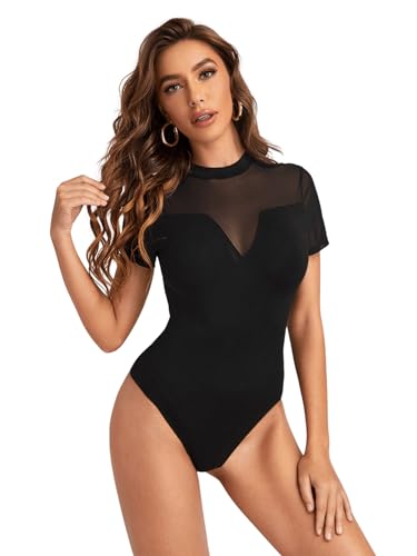 GORGLITTER Mesh Body Damen Kurzarm Tshirt Body Netzstoff Oberteil Body Durchsichtiges Bodysuit Blusenbody Transparent Schwarz L von GORGLITTER