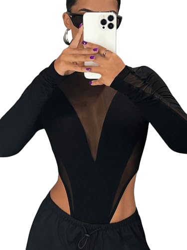 GORGLITTER Mesh Body Damen Langarm Body Mit Stehkragen Cut Out Bodysuit High Cut Stringbody Schwarz S von GORGLITTER