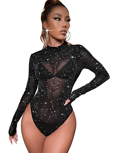 GORGLITTER Mesh Body Damen Langarm Sheer Bodysuit Sexy Oberteil mit Glitzer Party Outfit Clubwear Schwarz L von GORGLITTER