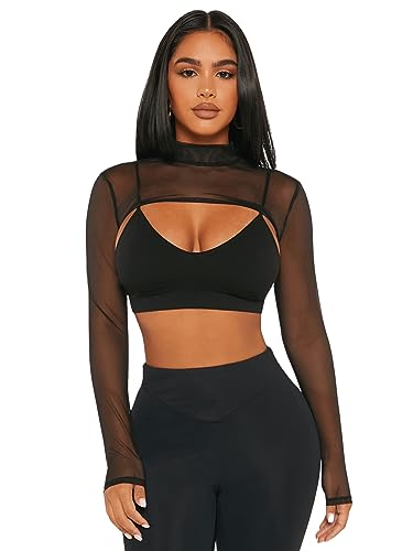 GORGLITTER Mesh Crop Top Damen Langarm Crop Shrug Top Kurz Y2k Netzoberteil Transparentes Langarmshirt Sehr Kurzes Top Schwarz L von GORGLITTER