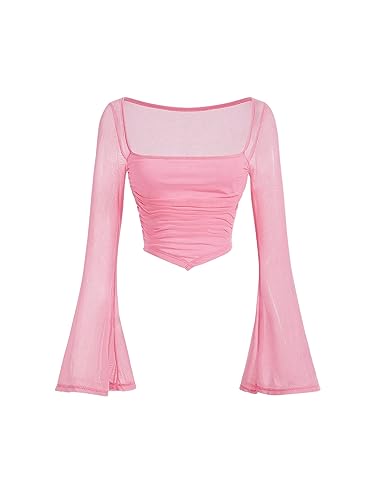 GORGLITTER Mesh Crop Top Damen Langarm Netzstoff Oberteil Langarmshirt Mit Eckigem Ausschnitt Bauchfreies Shirt Mit Rüschen Rosa M von GORGLITTER