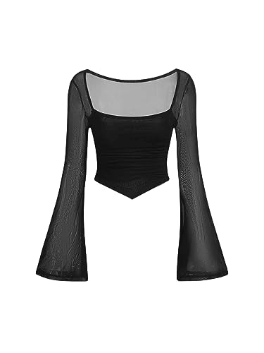 GORGLITTER Mesh Crop Top Damen Langarm Netzstoff Oberteil Langarmshirt Mit Eckigem Ausschnitt Bauchfreies Shirt Mit Rüschen Schwarz M von GORGLITTER