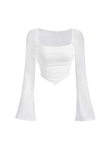 GORGLITTER Mesh Crop Top Damen Langarm Netzstoff Oberteil Langarmshirt Mit Eckigem Ausschnitt Bauchfreies Shirt Mit Rüschen Weiß L von GORGLITTER