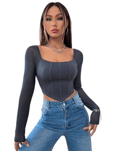 GORGLITTER Mesh Crop Top Damen Langarm Oberteil Mit Eckigem Ausschnitt Langarmshirt Mit Netz Bauchfreies Shirt Dunkelgrau L von GORGLITTER