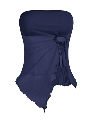 GORGLITTER Mesh Crop Top Tube Top Damen Trägerloses Top Y2k Oberteil mit Wellensaum Schulterfrei Sommer Tops mit Schlitz Dunkelblau XS von GORGLITTER