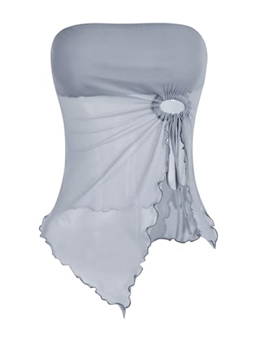 GORGLITTER Mesh Crop Top Tube Top Damen Trägerloses Top Y2k Oberteil mit Wellensaum Schulterfrei Sommer Tops mit Schlitz Graublau M GORGLITTER Mesh Crop Top Tube Top Damen Trägerloses Top Y2k Oberteil mit Wellensaum Schulterfrei Sommer Tops mit Schlitz Graublau M von GORGLITTER
