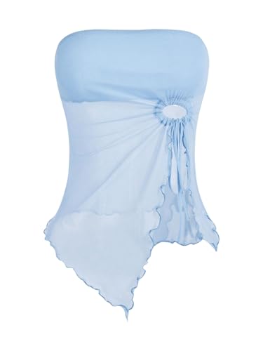 GORGLITTER Mesh Crop Top Tube Top Damen Trägerloses Top Y2k Oberteil mit Wellensaum Schulterfrei Sommer Tops mit Schlitz Hellblau M von GORGLITTER