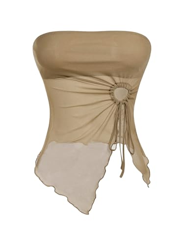 GORGLITTER Mesh Crop Top Tube Top Damen Trägerloses Top Y2k Oberteil mit Wellensaum Schulterfrei Sommer Tops mit Schlitz Khaki L von GORGLITTER