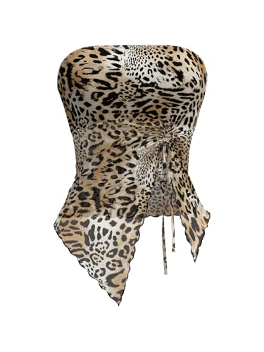 GORGLITTER Mesh Crop Top Tube Top Damen Trägerloses Top Y2k Oberteil mit Wellensaum Schulterfrei Sommer Tops mit Schlitz Leo XS von GORGLITTER