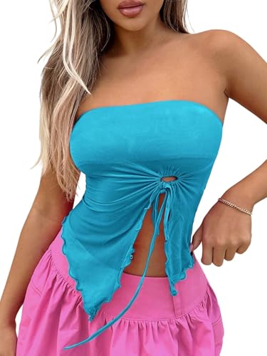 GORGLITTER Mesh Crop Top Tube Top Damen Trägerloses Top Y2k Oberteil mit Wellensaum Schulterfrei Sommer Tops mit Schlitz Lichtblau M von GORGLITTER
