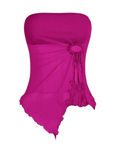 GORGLITTER Mesh Crop Top Tube Top Damen Trägerloses Top Y2k Oberteil mit Wellensaum Schulterfrei Sommer Tops mit Schlitz Rotviolett L von GORGLITTER