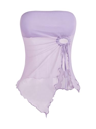 GORGLITTER Mesh Crop Top Tube Top Damen Trägerloses Top Y2k Oberteil mit Wellensaum Schulterfrei Sommer Tops mit Schlitz Violett M von GORGLITTER