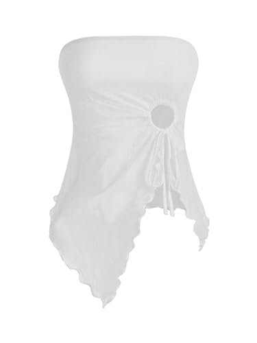 GORGLITTER Mesh Crop Top Tube Top Damen Trägerloses Top Y2k Oberteil mit Wellensaum Schulterfrei Sommer Tops mit Schlitz Weiß M von GORGLITTER