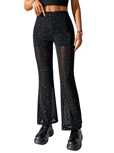 GORGLITTER Mesh Hose Damen Durchsichtig Schlaghose Mit Hoher Taille Glitzer Hose Lang Party Hose Glitzer Schlaghose Schwarz M von GORGLITTER