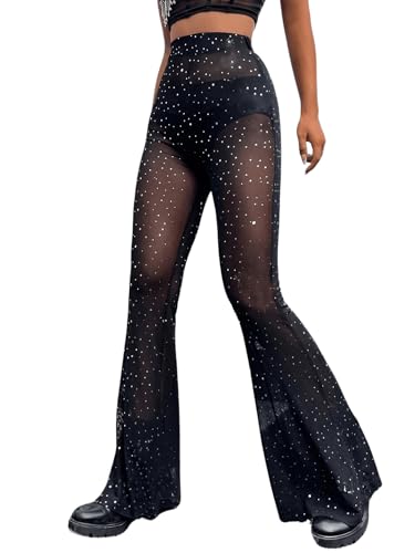 GORGLITTER Mesh Hose Damen Durchsichtig Schlaghose mit Glitzer Hoher Taille Flare Hose Lang Party Hose Schlaghosen ohne Höschen Schwarz L von GORGLITTER