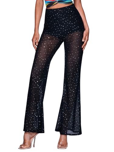 GORGLITTER Mesh Hose Damen Festival Schlaghose Mit Pailletten Transparente Hose Glitzer Party Hosen Schwarz L von GORGLITTER