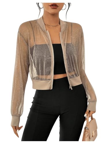GORGLITTER Damen Bomberjacke Transparent Glitzer Kamel XS von GORGLITTER