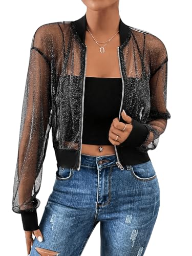 GORGLITTER Mesh Jacke Damen Transparent Jacke Mit Reißverschluss Durchsichtig Netzstoff Jacke Leichte Jacke Glitzer Schwarz L von GORGLITTER