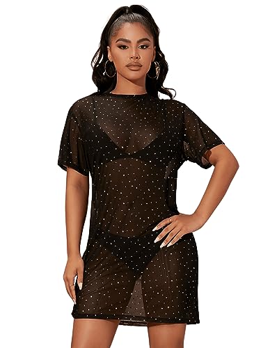 GORGLITTER Mesh Kleid Damen Festival Tshirt Kleid Oversize Kleid Mit Pailletten Kurz Durchsichtiges Kleid Sexy Partykleid Schwarz S von GORGLITTER