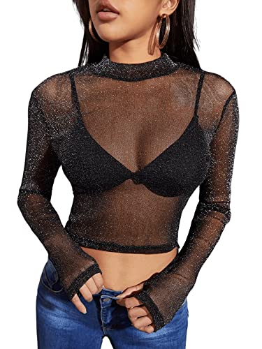 GORGLITTER Mesh Oberteile Damen Durchsichtig Netzstoff Crop Tops mit Glitzer Mesh Tshirt Top für Party Schwarz L von GORGLITTER