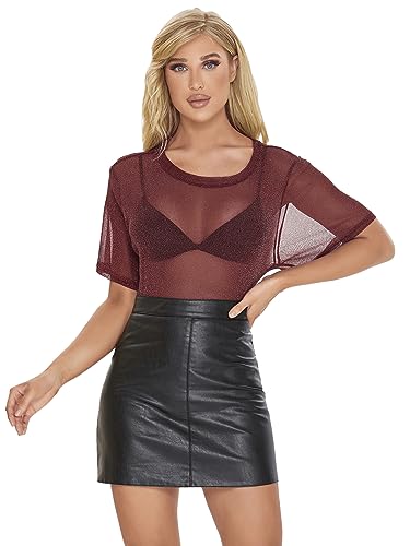 GORGLITTER Mesh Oberteile Damen Durchsichtig Netzstoff Tops Kurzarm Tshirt Netz Sommertop Mesh-Oberteil für Outfit Party Bordeaux S von GORGLITTER