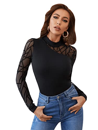 GORGLITTER Mesh Oberteil Damen Langarm Elegantes Shirt Sexy Langarmshirt Durchsichtig Top Sheer Mesh Top Mit Stehkragen Strick Pullover Schwarz M von GORGLITTER