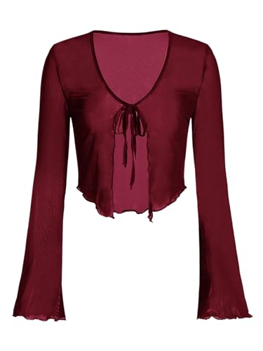 GORGLITTER Mesh Oberteil Damen Leicht Transparentes Netzoberteil Basic Langarm Bolerojacke Durchsichtig Top mit Bindeband Herbst Outfit Bordeaux S von GORGLITTER