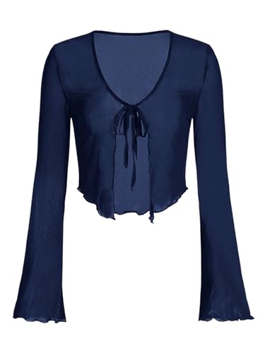 GORGLITTER Mesh Oberteil Damen Leicht Transparentes Netzoberteil Basic Langarm Bolerojacke Durchsichtig Top mit Bindeband Herbst Outfit Dunkelblau S von GORGLITTER