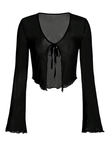 GORGLITTER Mesh Oberteil Damen Leicht Transparentes Netzoberteil Basic Langarm Bolerojacke Durchsichtig Top mit Bindeband Herbst Outfit Schwarz S von GORGLITTER