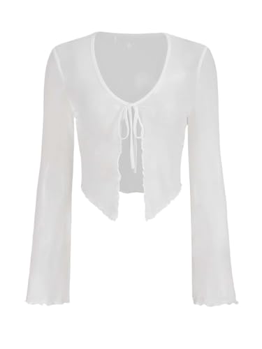 GORGLITTER Mesh Oberteil Damen Leicht Transparentes Netzoberteil Basic Langarm Bolerojacke Durchsichtig Top mit Bindeband Herbst Outfit Weiß XS GORGLITTER Mesh Oberteil Damen Leicht Transparentes Netzoberteil Basic Langarm Bolerojacke Durchsichtig Top mit Bindeband Herbst Outfit Weiß XS von GORGLITTER