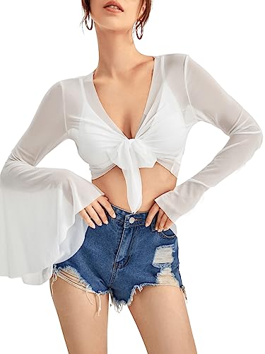 GORGLITTER Mesh Oberteil Damen Y2k Top Langarm V Ausschnitt Crop Top Netzstoff Shirt Sexy Top Mit Trompetenärmeln Weiß L von GORGLITTER