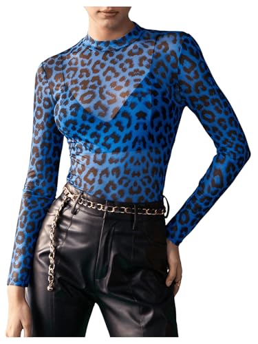 GORGLITTER Mesh Oberteile Damen Durchsichtig Netzoberteil mit Leopardmuster Tops Festival Oberteil für Outfit Party Top Blau S von GORGLITTER