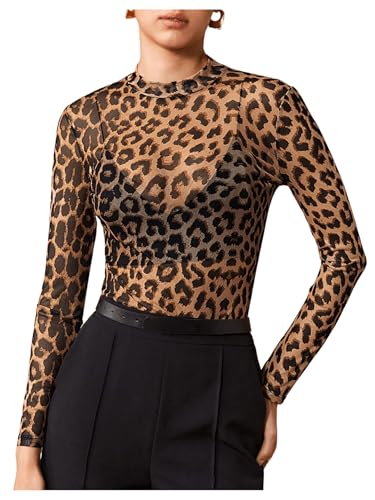 GORGLITTER Mesh Oberteile Damen Durchsichtig Netzoberteil mit Leopardmuster Tops Festival Oberteil für Outfit Party Top Braun XS von GORGLITTER