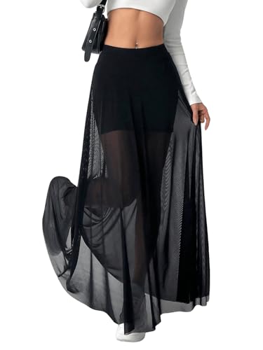 GORGLITTER Mesh Rock Damen Lang Mit Hose Drunter Maxirock Transparent 2 In 1 Durchsichtiger Festival Schwarz XS von GORGLITTER