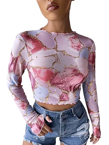 GORGLITTER Mesh Top Damen Bunt Crop Top Langarm Sexy Shirt Mit Wellensaum Langarmshirt Netzstoff Marmor Oberteil Rosa L von GORGLITTER