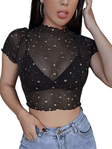 GORGLITTER Mesh Top Damen Transparent Crop Top Mit Netzstoff Sexy Bauchfreie Oberteile Durchsichtiges Shirt Mit Galaxie Schwarz S von GORGLITTER