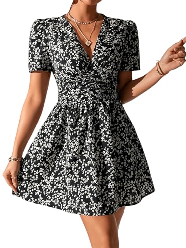 GORGLITTER Minikleid Damen A Linie Kleid Mit Blumen Sommerkleid Boho Kleid Mit V Ausschnitt Rüschenkleid Geblümtes Kleid Strandkleid Schwarz L von GORGLITTER