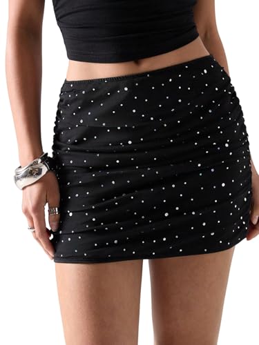 GORGLITTER Minirock Damen Elegant Elastisch Mesh Kurzer Rock Glitzer Bleistiftrock Lässig Stretch Tüllrock Paillettenrock Festival Röcke Rave Outfit Schwarz L von GORGLITTER