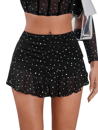 GORGLITTER Minirock Damen Sexy Mesh Rock Glitzer Rock Mit Rüschen Kurz Rock Mit Pailletten Party Rock Schwarz S von GORGLITTER