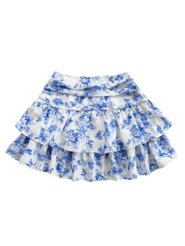 GORGLITTER Minirock Damen Sommer Kurzer Rock Mit Blumen Boho Rock A Linie Sommerrock Leicht Und Luftig Ballonrock Mit Rüschensaum Strandrock Blau und Weiß M von GORGLITTER
