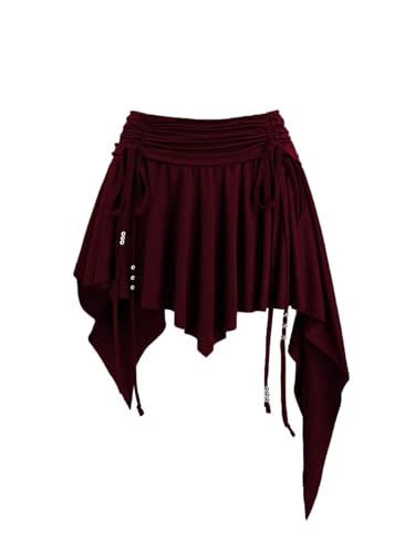 GORGLITTER Minirock Damen Sommer Western Outfit Sommerrock Y2k Kurzer Rock Mit Rüschen Röcke Festival Rock Mit Dekor Party Outfit Bordeaux L von GORGLITTER