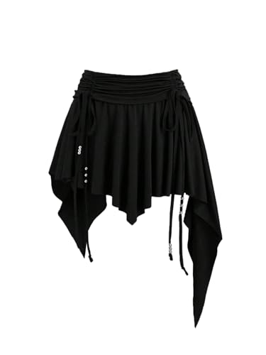 GORGLITTER Minirock Damen Sommer Western Outfit Sommerrock Y2k Kurzer Rock Mit Rüschen Röcke Festival Rock Mit Dekor Party Outfit Schwarz L von GORGLITTER