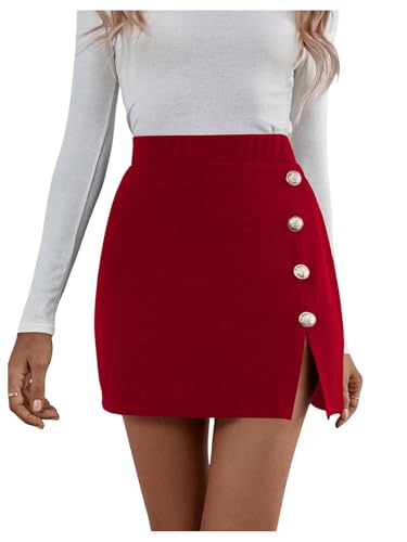 GORGLITTER Minirock Damen Winter Eleganter Rock Mit Schlitz Kurzer Rock Mit Knopfleiste Business Outfit Rot XS von GORGLITTER