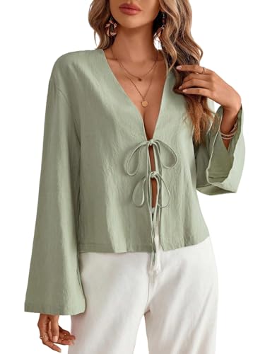 GORGLITTER Musselin Bluse Damen Langarm Blusenshirt Elegant Bluse Mit Schleife Vorne Damenblusen Sommer Outfits V Ausschnitt Oberteil Blusentops Armeegrün M von GORGLITTER